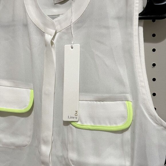 Line & Dot Blouse Large White Sleeveless Zebra Neon Button Tank Work Casual NWT - Picture 3 of 4